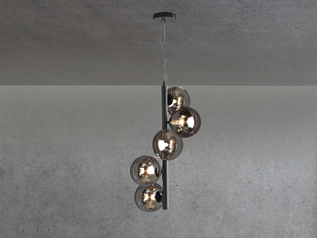 LED Pendelleuchte 5 flammig in Schwarz mit Rauchglas Kugeln lang, Höhe 183cm