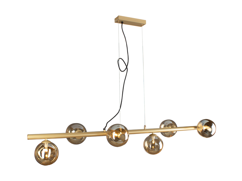 LED Pendelleuchte 6 flammig Messing & Amberglas, Breite 144cm