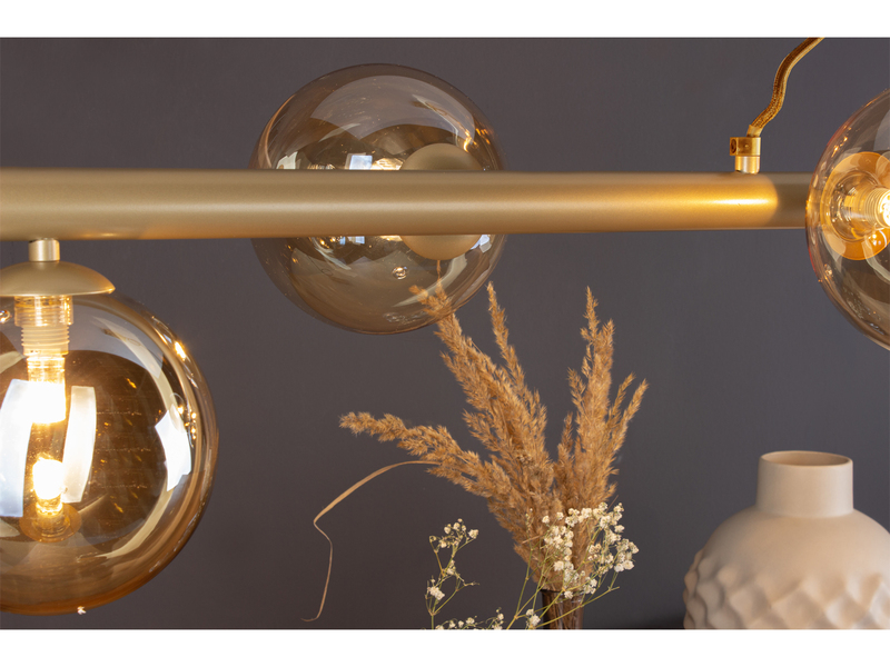 LED Pendelleuchte 6 flammig Messing & Amberglas, Breite 144cm