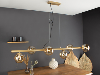 LED Pendelleuchte 6 flammig Messing & Amberglas 200cm lang, Breite 144cm