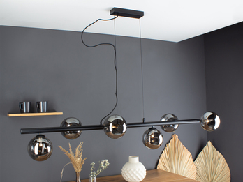 LED Pendelleuchte 6 flammig Schwarz & Rauchglas 200cm lang, Breite 144cm