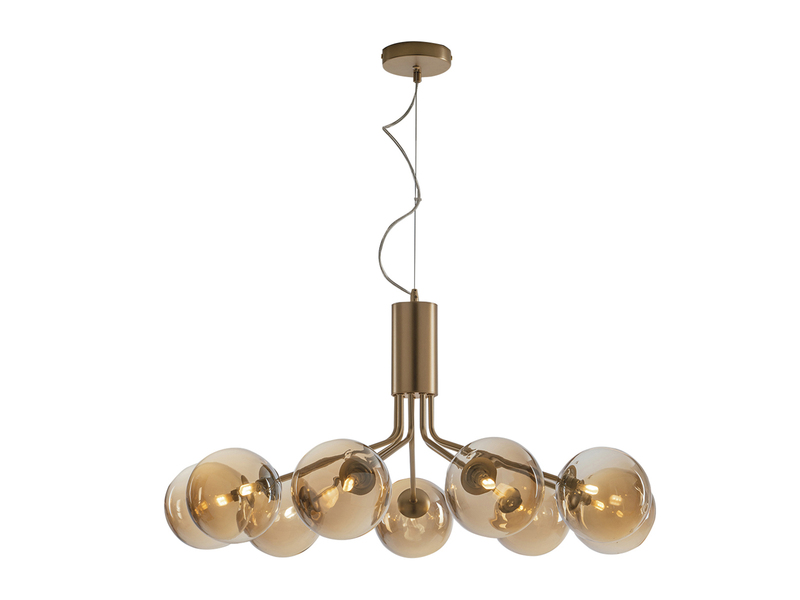 LED Pendelleuchte 9 flammig Messing & Amberglas Höhe 161cm, Ø 83cm