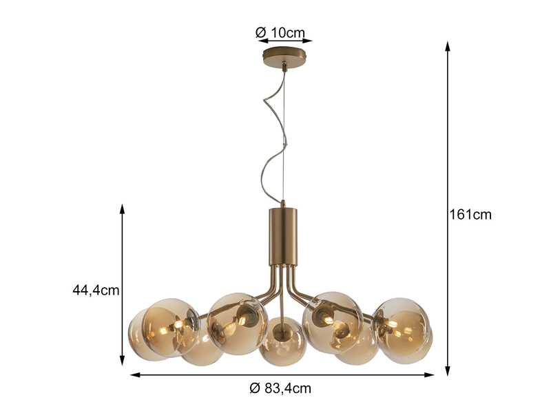 LED Pendelleuchte 9 flammig Messing & Amberglas Höhe 161cm, Ø 83cm