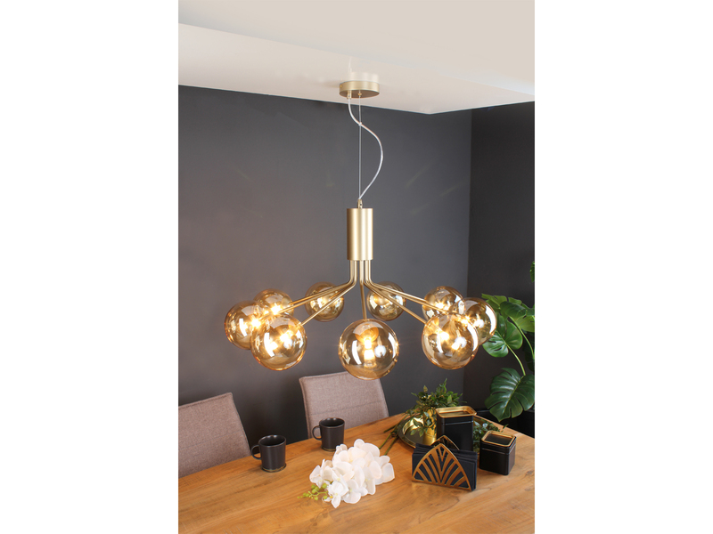 LED Pendelleuchte 9 flammig Messing & Amberglas Höhe 161cm, Ø 83cm