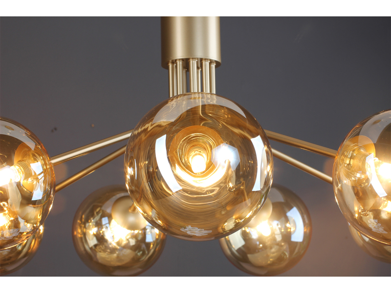 LED Pendelleuchte 9 flammig Messing & Amberglas Höhe 161cm, Ø 83cm