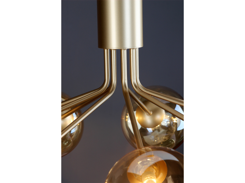 LED Pendelleuchte 9 flammig Messing & Amberglas, bis 161cm lang