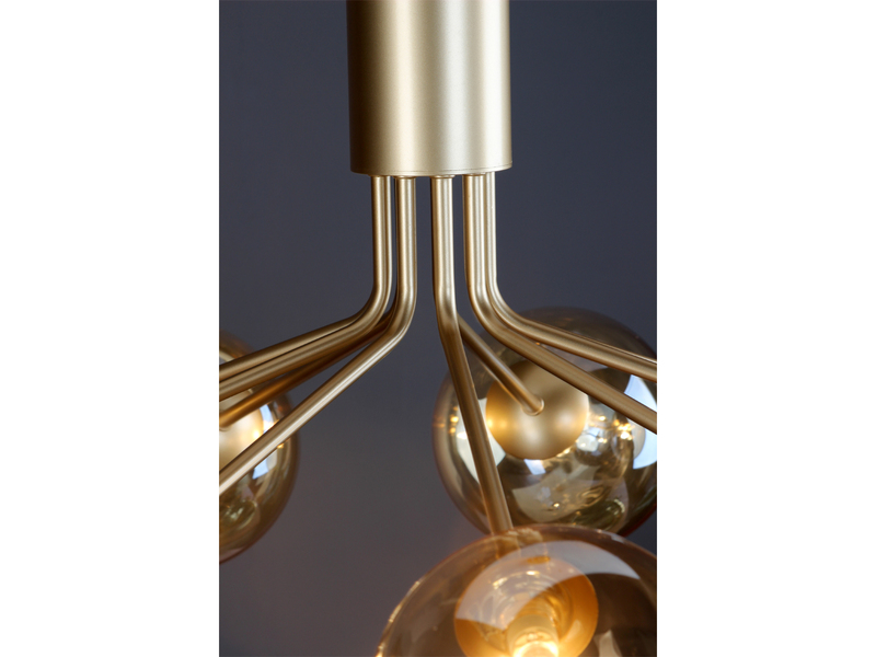 LED Pendelleuchte 9 flammig Messing & Amberglas Höhe 161cm, Ø 83cm