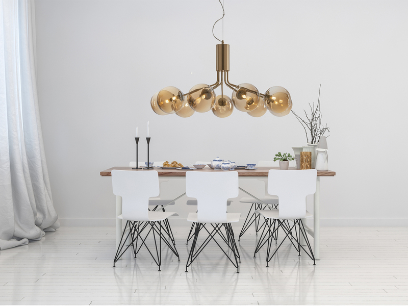 LED Pendelleuchte 9 flammig Messing & Amberglas Höhe 161cm, Ø 83cm