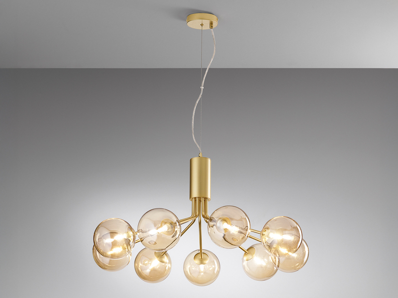 Große LED Pendelleuchte 9-flammig Gold-Glakugeln Bernsteinfarbig, Ø 83cm
