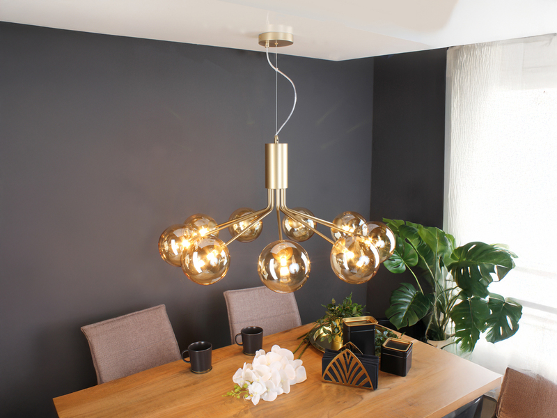 Große LED Pendelleuchte 9-flammig Gold-Glakugeln Bernsteinfarbig, Ø 83cm