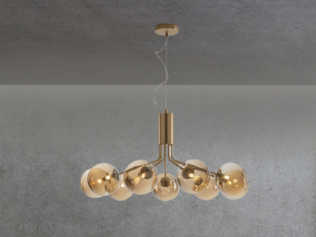 LED Pendelleuchte 9 flammig Messing & Amberglas Höhe 161cm, Ø 83cm