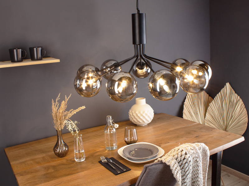 LED Pendelleuchte 9 flammig Schwarz & Rauchglas Höhe 161cm, Ø 83cm