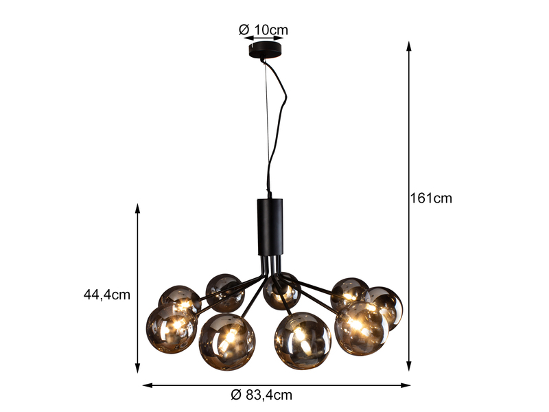 LED Pendelleuchte 9 flammig Schwarz & Rauchglas Höhe 161cm, Ø 83cm