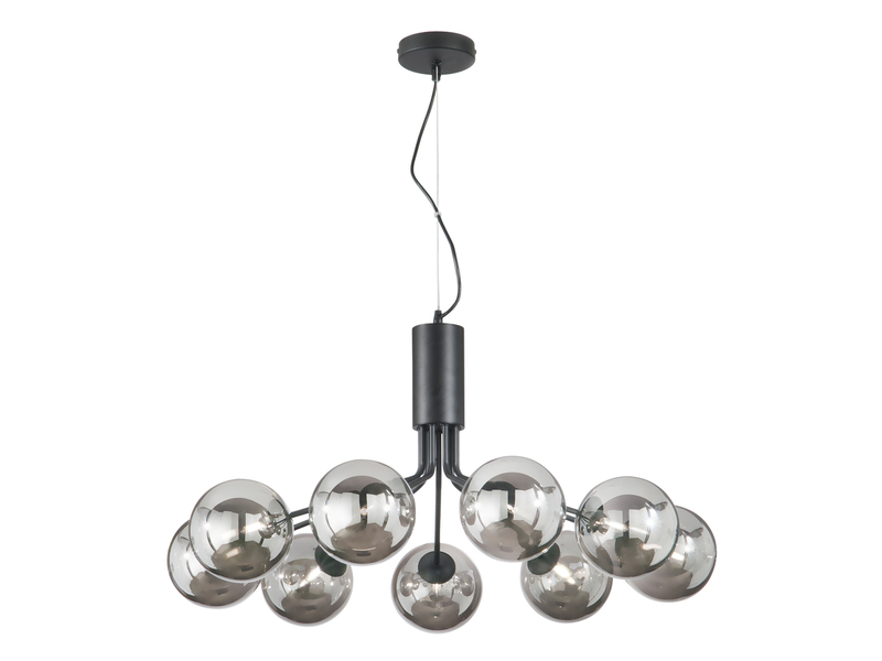 Große LED Pendelleuchte 9-flammig Schwarz mit Glaskugeln Rauchglas, Ø 83cm