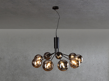 LED Pendelleuchte 9 flammig Schwarz & Rauchglas Höhe 161cm, Ø 83cm