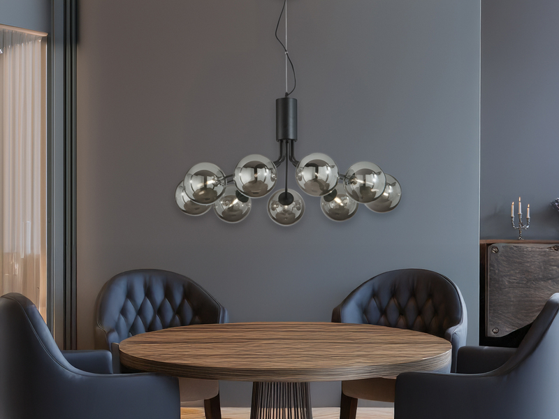 Große LED Pendelleuchte 9-flammig Schwarz mit Glaskugeln Rauchglas, Ø 83cm