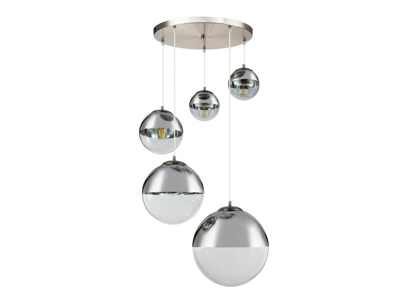 LED Pendelleuchte 5-flammig mit Glaskugeln Design in Chrom & Klarglas, Ø 65cm