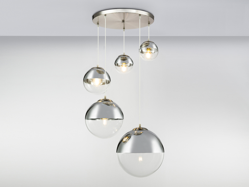 LED Pendelleuchte 5-flammig mit Glaskugeln Design in Chrom & Klarglas, Ø 65cm