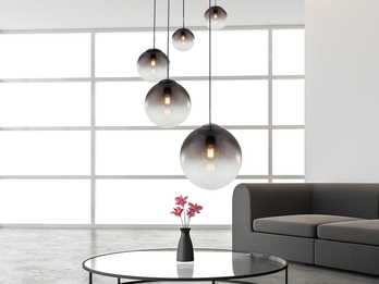 LED Pendelleuchte 5-flammig mit Glaskugeln aus Rauchglas, Ø 65cm