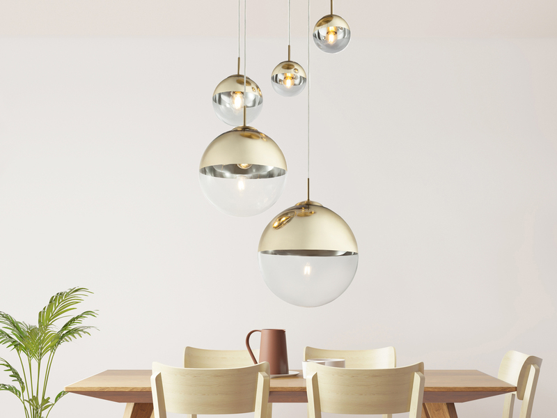 LED Pendelleuchte 5-flammig mit Glaskugeln Design in Gold & Klarglas, Ø 65cm