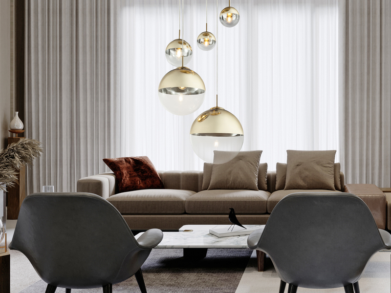 LED Pendelleuchte 5-flammig mit Glaskugeln Design in Gold & Klarglas, Ø 65cm