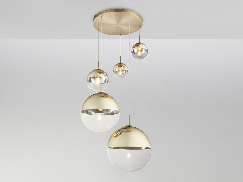 LED Pendelleuchte 5-flammig, Glaskugeln Gold & Klarglas, Ø 65cm