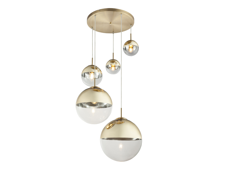 LED Pendelleuchte 5-flammig mit Glaskugeln Design in Gold & Klarglas, Ø 65cm