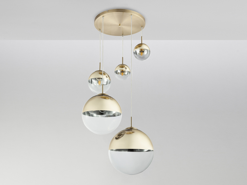 LED Pendelleuchte 5-flammig mit Glaskugeln Design in Gold & Klarglas, Ø 65cm