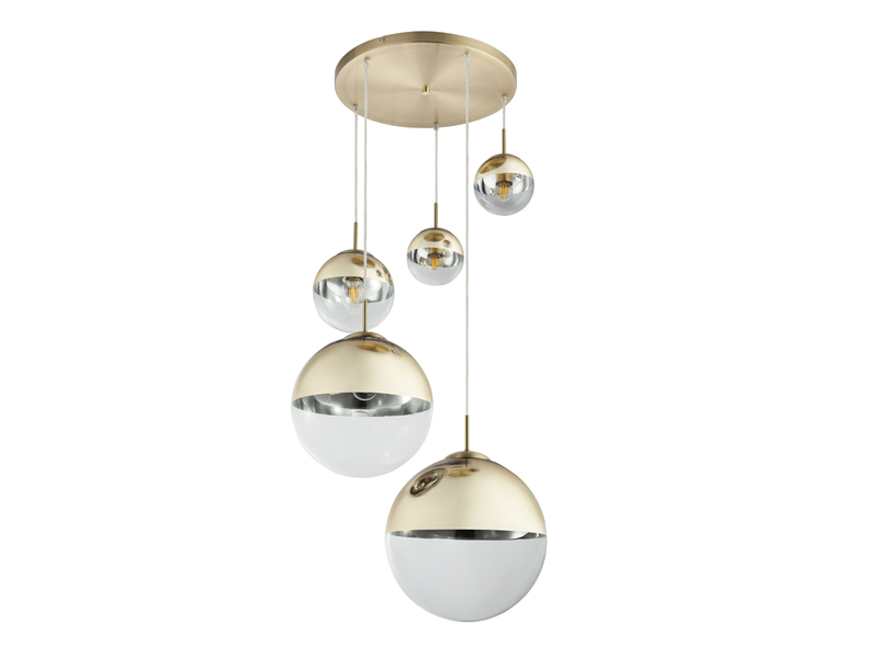 LED Pendelleuchte 5-flammig mit Glaskugeln Design in Gold & Klarglas, Ø 65cm