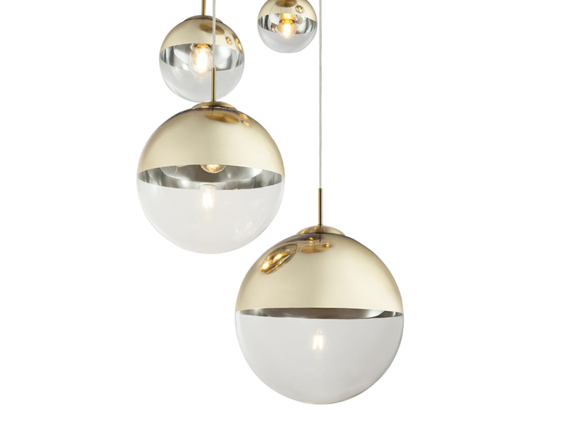 LED Pendelleuchte 5-flammig mit Glaskugeln Design in Gold & Klarglas, Ø 65cm