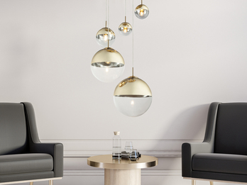 LED Pendelleuchte 5-flammig mit Glaskugeln Design in Gold & Klarglas, Ø 65cm