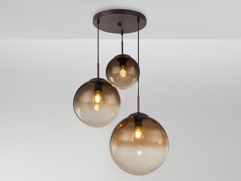 LED Pendelleuchte 3-flammig mit Glaskugeln aus Amberglas, Ø 51cm
