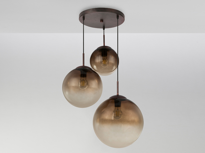 LED Pendelleuchte 3-flammig mit Glaskugeln aus Amberglas, Ø 51cm