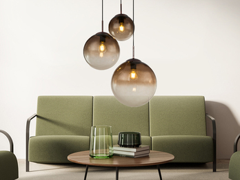 Pendelleuchte 3-flammig mit Glaskugeln Amberfarbig Ø 51cm, inkl. E27 LED Pendelleuchte 3-flammig mit Glaskugeln Amberfarbig Ø 51cm, inkl. E27 LED
