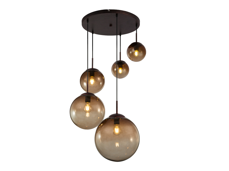 LED Pendelleuchte 5-flammig mit Glaskugeln aus Amberglas, Ø 65cm