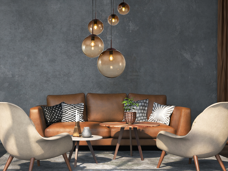 LED Pendelleuchte 5-flammig mit Glaskugeln aus Amberglas, Ø 65cm