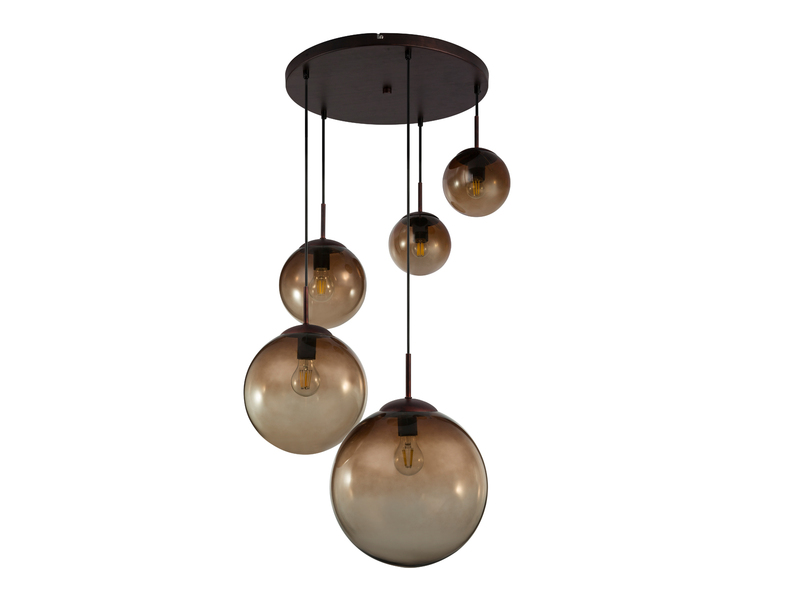LED Pendelleuchte 5-flammig mit Glaskugeln aus Amberglas, Ø 65cm