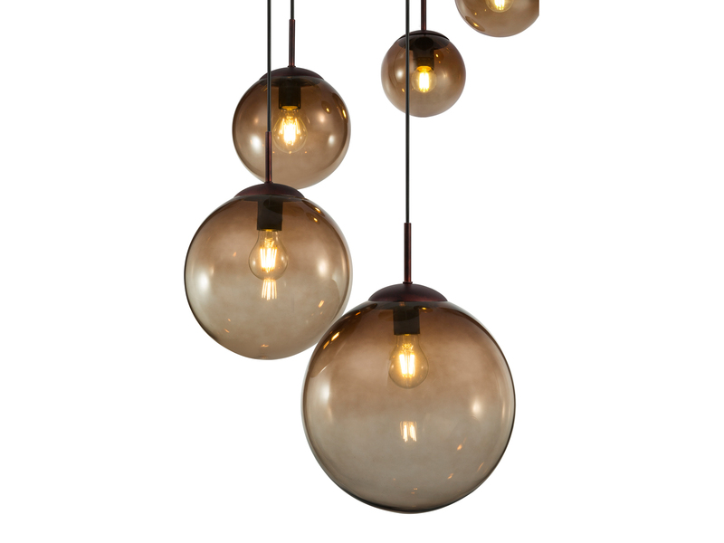 LED Pendelleuchte 5-flammig mit Glaskugeln aus Amberglas, Ø 65cm