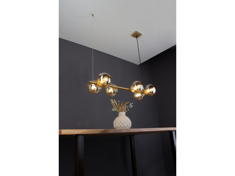 Pendelleuchte PLUTO 6-flammig Messing & Amberglas Kugeln, Breite 80cm
