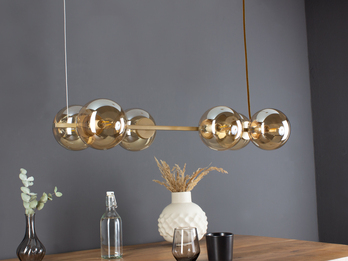 Pendelleuchte PLUTO 6-flammig Messing & Amberglas Kugeln, Breite 80cm
