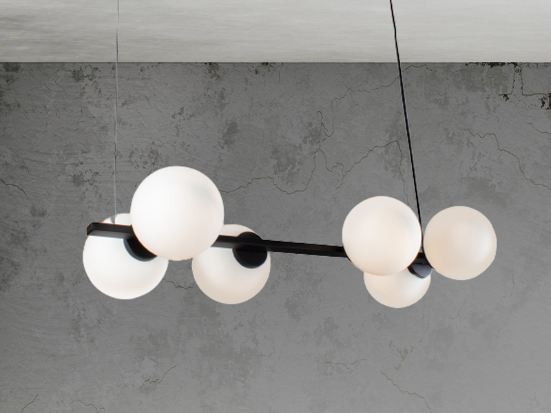 Pendelleuchte PLUTO 6 flammig Schwarz & Opalglas Kugeln Weiß, Breite 80cm