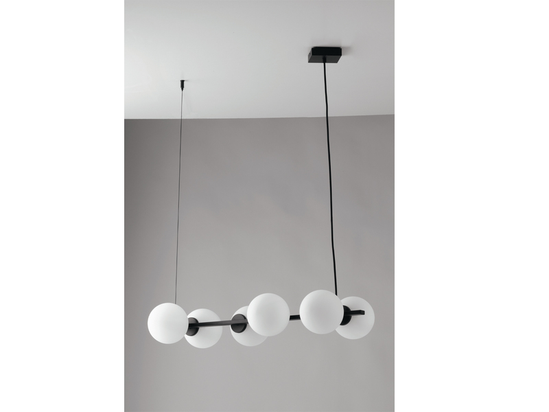 Pendelleuchte PLUTO 6 flammig Schwarz & Opalglas Kugeln Weiß, Breite 80cm