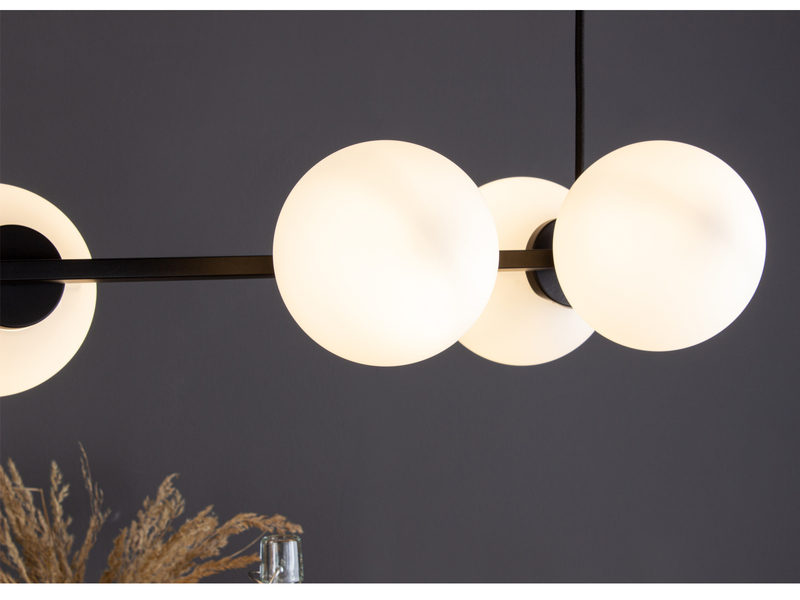 Pendelleuchte PLUTO 6 flammig Schwarz & Opalglas Kugeln Weiß, Breite 80cm