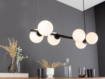 Pendelleuchte PLUTO 6 flammig Schwarz & Opalglas Kugeln Weiß, Breite 80cm