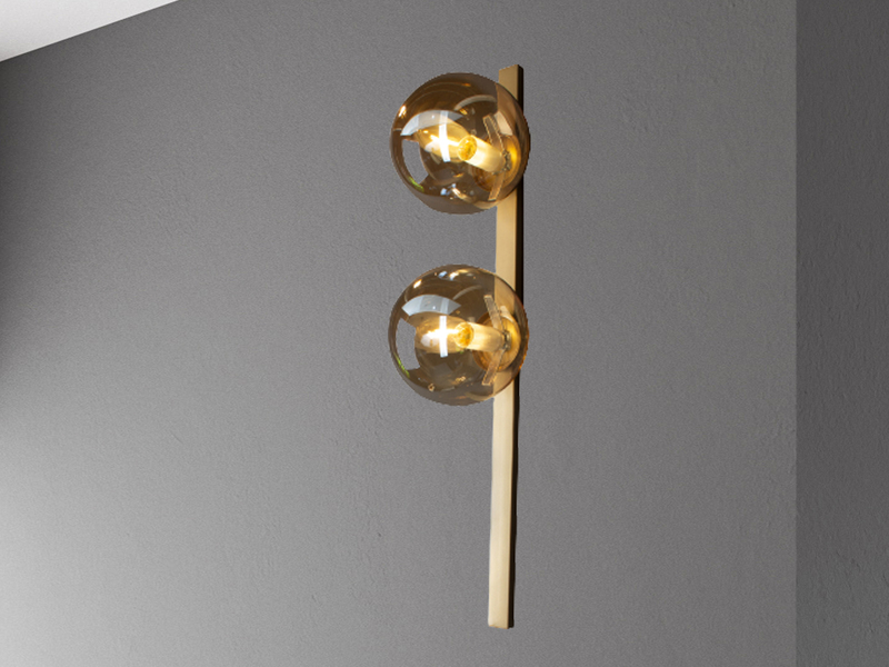 Außergewöhnliche LED Wandlampe Messing 2 flammig - Glaskugel Amber