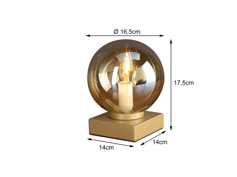 Kleine LED Tischleuchte Messing Sockel - Glaskugel Amber Ø17cm