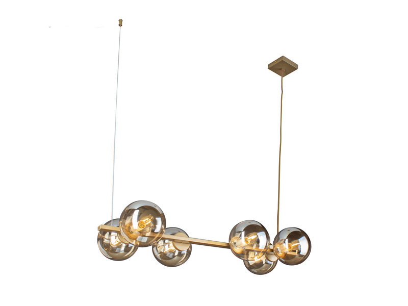 LED Pendelleuchte 6-flammig Messing & Amberglas Kugeln, Breite 80cm