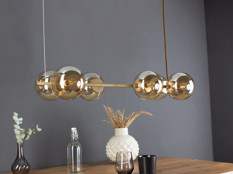 LED Pendelleuchte 6-flammig Messing & Amberglas Kugeln, Breite 80cm