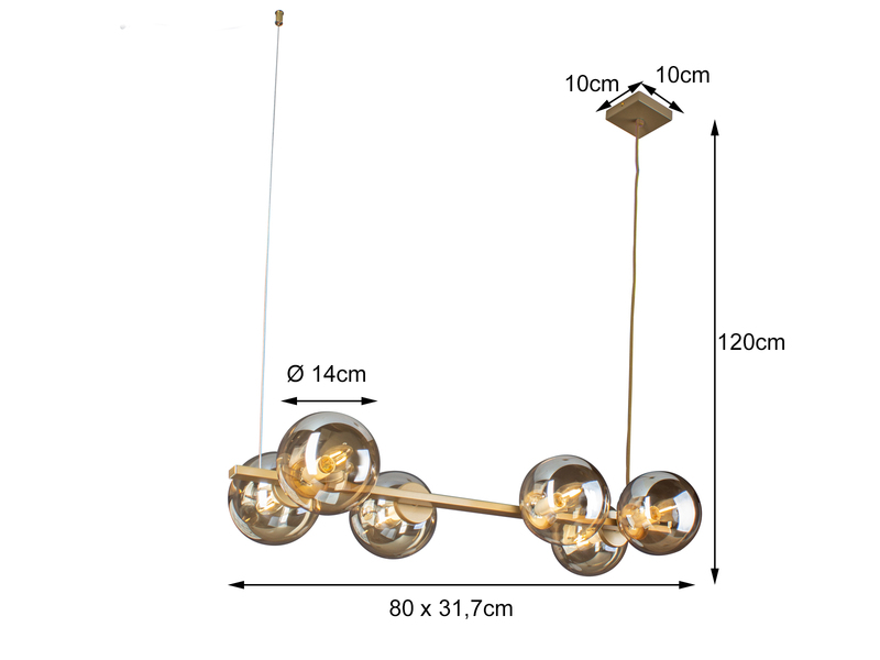LED Pendelleuchte 6 flammig Messing & Amberglas, 80cm breit, 120cm lang