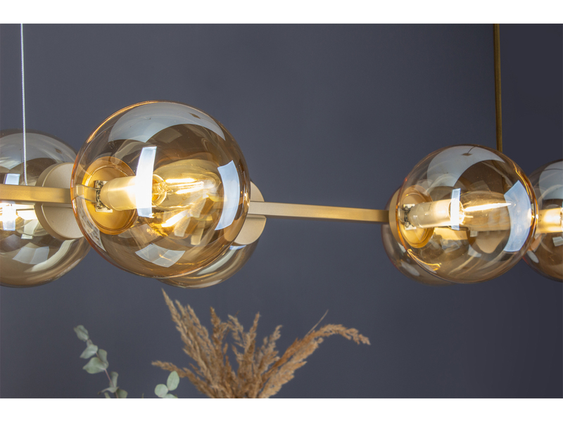 LED Pendelleuchte 6-flammig Messing & Amberglas Kugeln, Breite 80cm